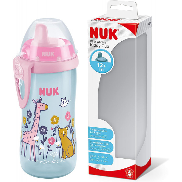 Nuk Kiddy Cup Παγουράκι Με Ρύγχος Σιλικόνης 12m+ 300ml Ροζ Καμηλοπάρδαλη- Γάτα 751.084  