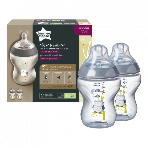 Tommee Tippee Μπιμπερό Closer to nature μικρής ροής 260ml με σχέδιο Ollie the Owl (2τμχ) 0m+ 42252103